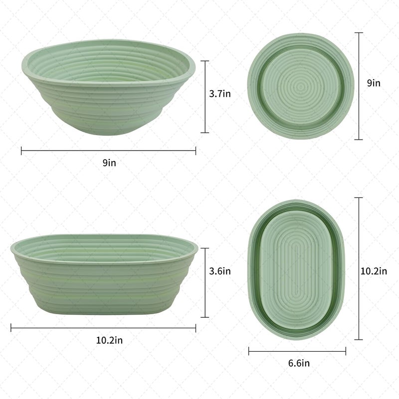 CHAMEX 2Pcs Silicone Banneton Bread Proofing Baskets, 10" Oval & 9" Round Foldable Non-Stick Dough Proofing Bowl Containers-BPA Free, Optimum Sourdough Bread Baking Supplies (Green) - Image 2